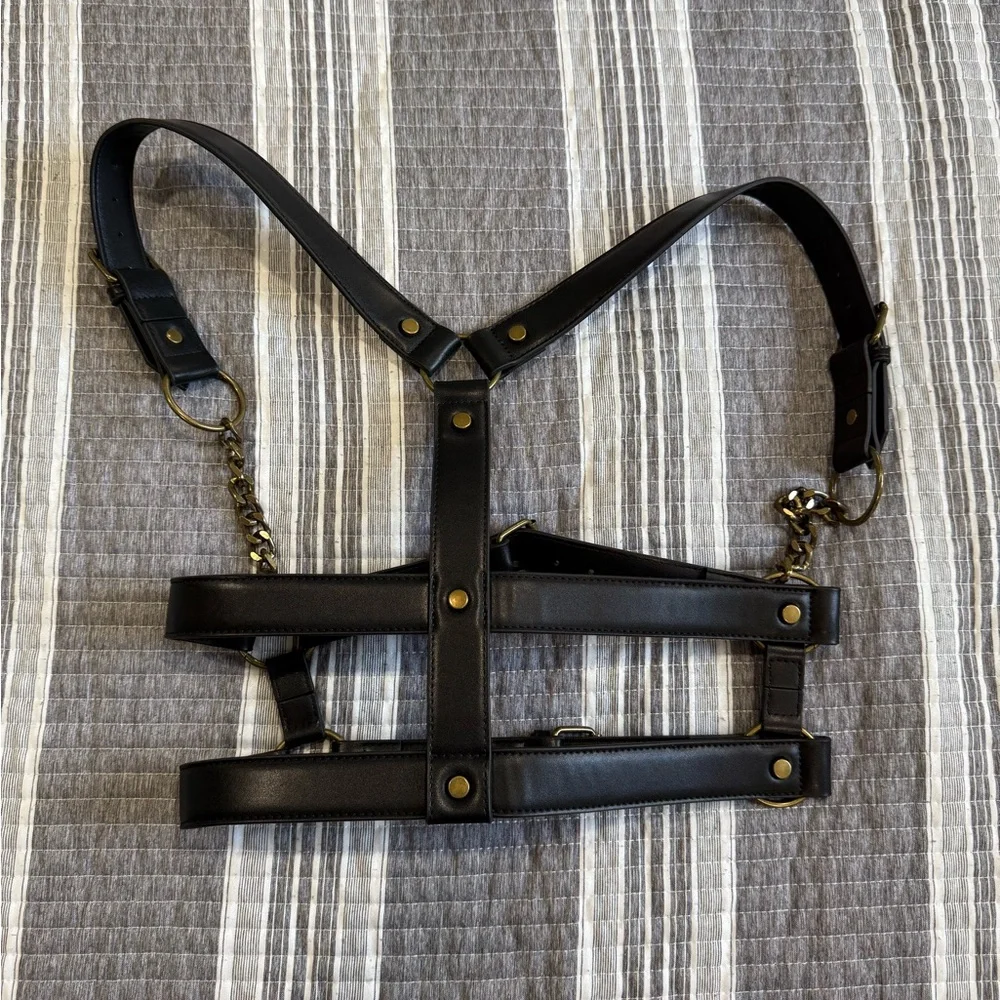 Black Leather Harness with Gold Accents - Picture 2 of 4